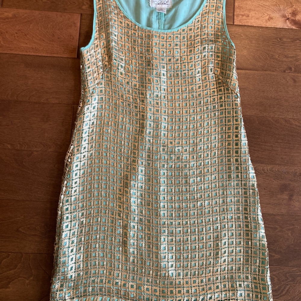 Anthropologie | Tabitha Golden Pane Shift Sequin Grid Overlay Mint Green Sz 6